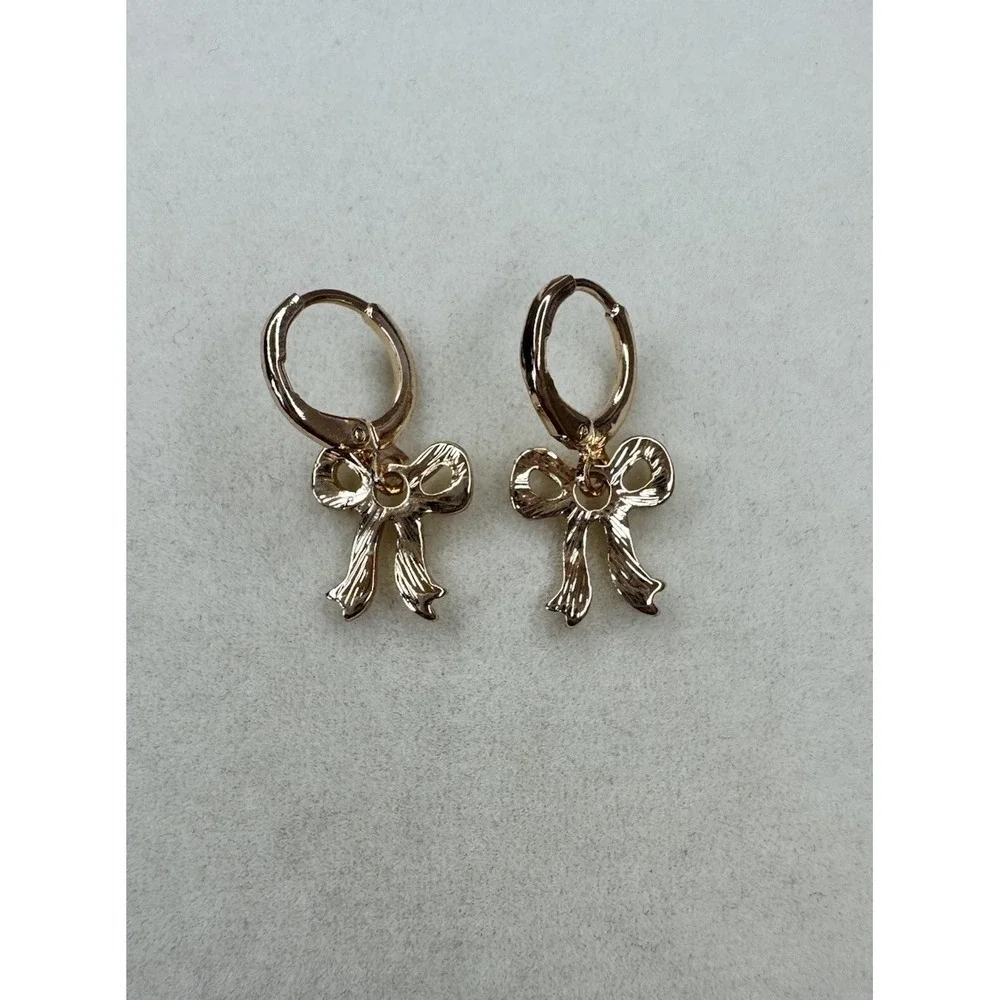 Ribbon Bow Dangling Earrings Gold Plated Sterling Silver Hypoallergenic New
